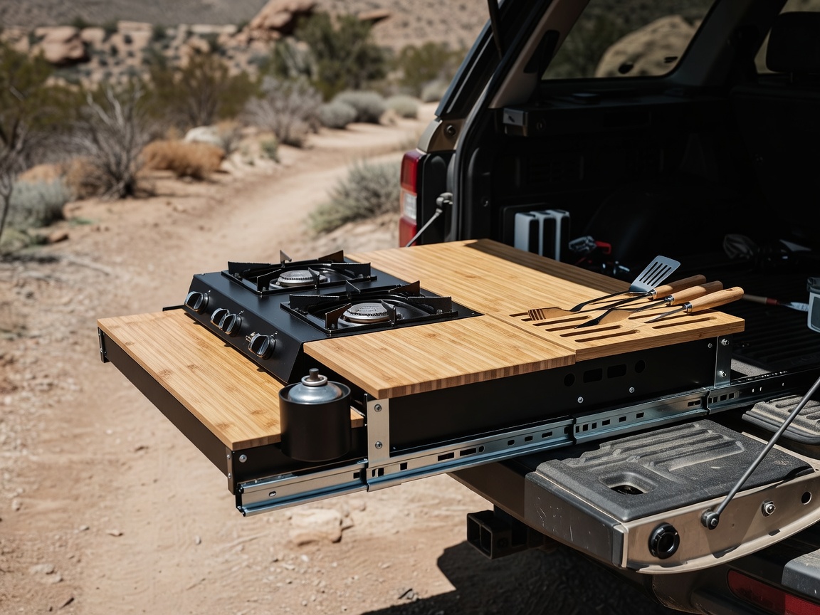 Slide-out outdoor kitchen module featuring dual gas burners, solid bamboo prep surface, and custom cutlery slots.