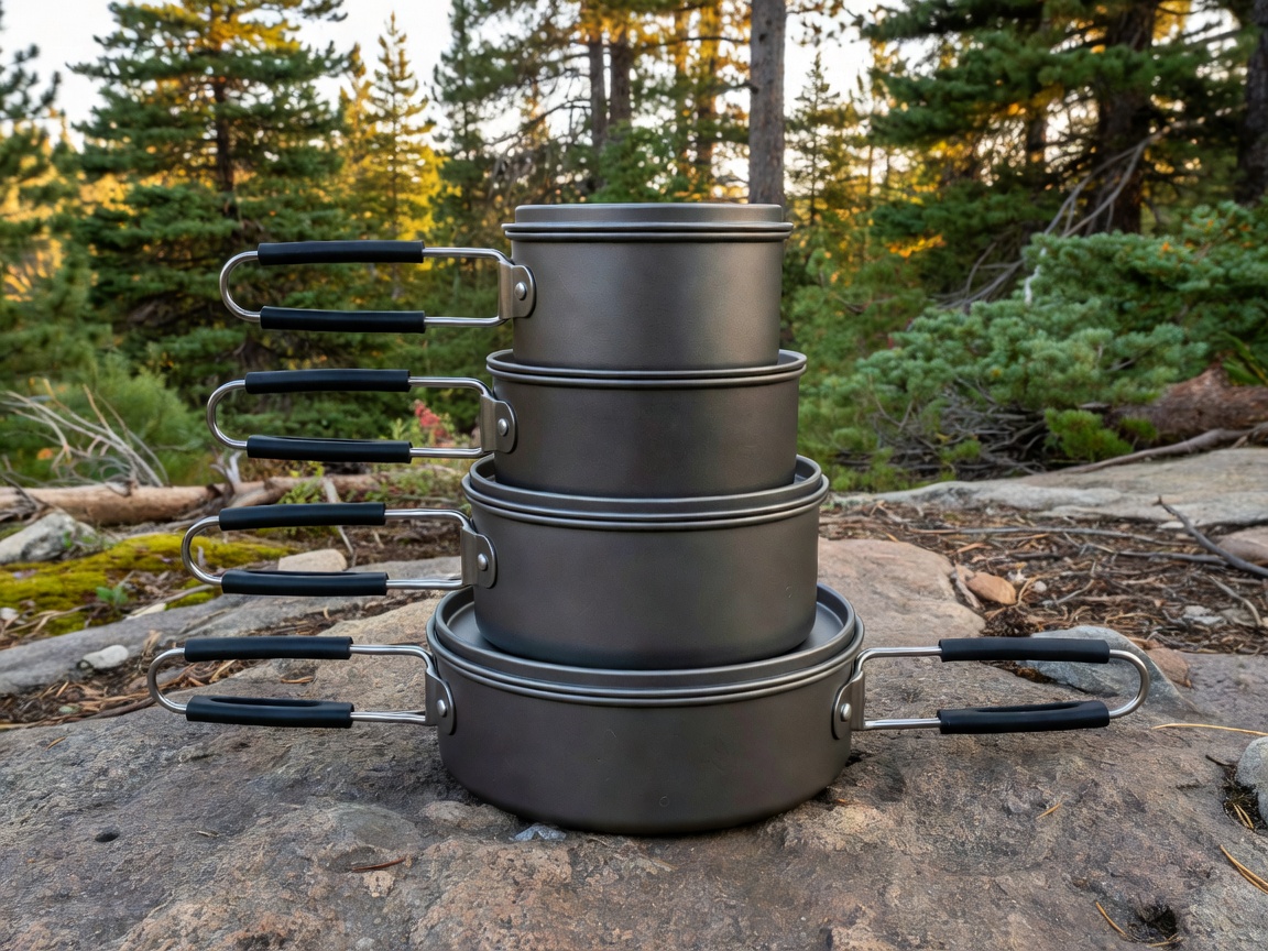 10-piece professional-grade hard-anodized nesting outdoor camp cookware set with folding insulated handles.