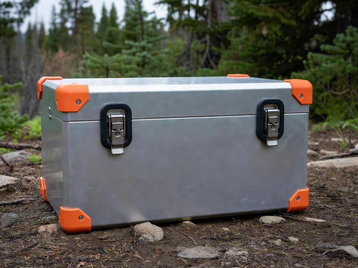 Front-facing heavy-duty anodized aluminum camp stack box with orange corner guards and rubber-sealed lockable latches.