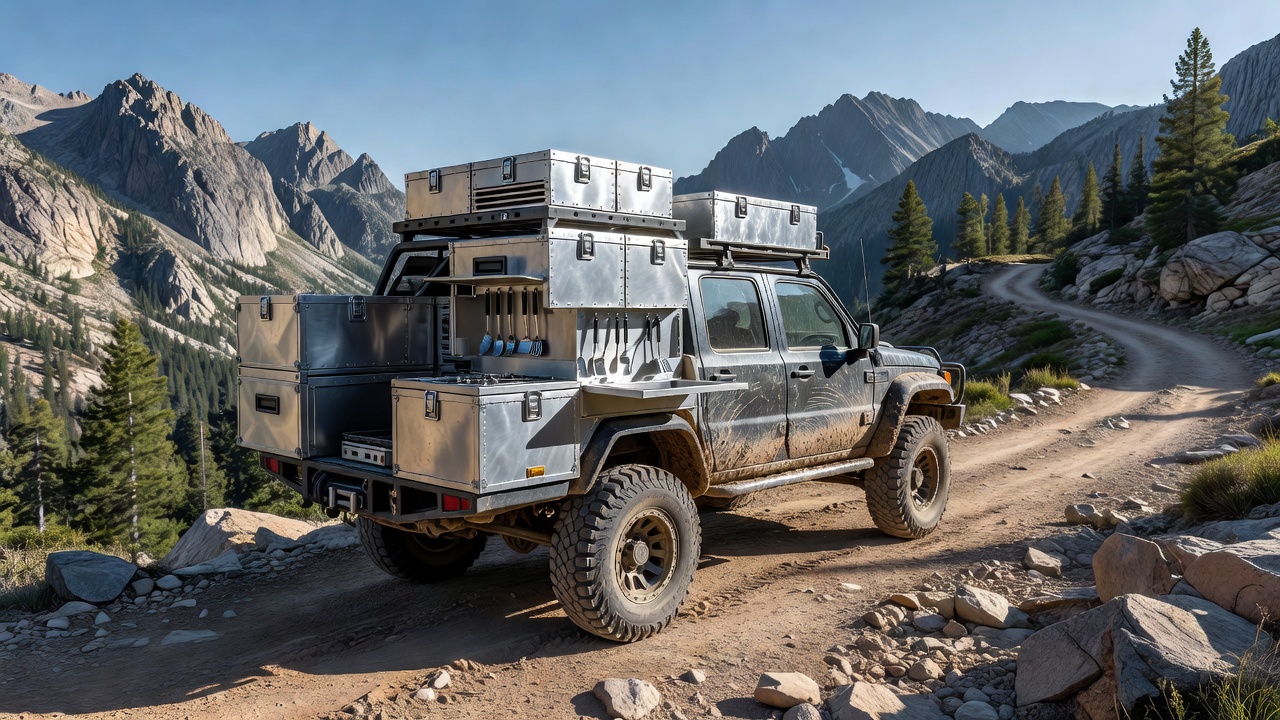 bestofscoutstacks heavy-duty offroad 4x4 rig packed with modular aluminum camp stacks and kitchen modules parked on a scenic mountain wilderness route