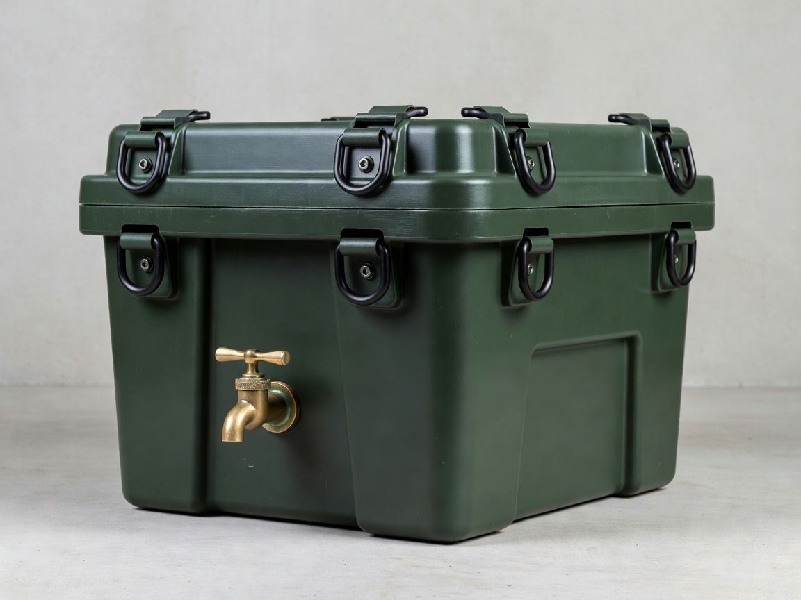 Heavy-duty dark green flat stackable water container with brass tap and heavy tactical strap anchor points.
