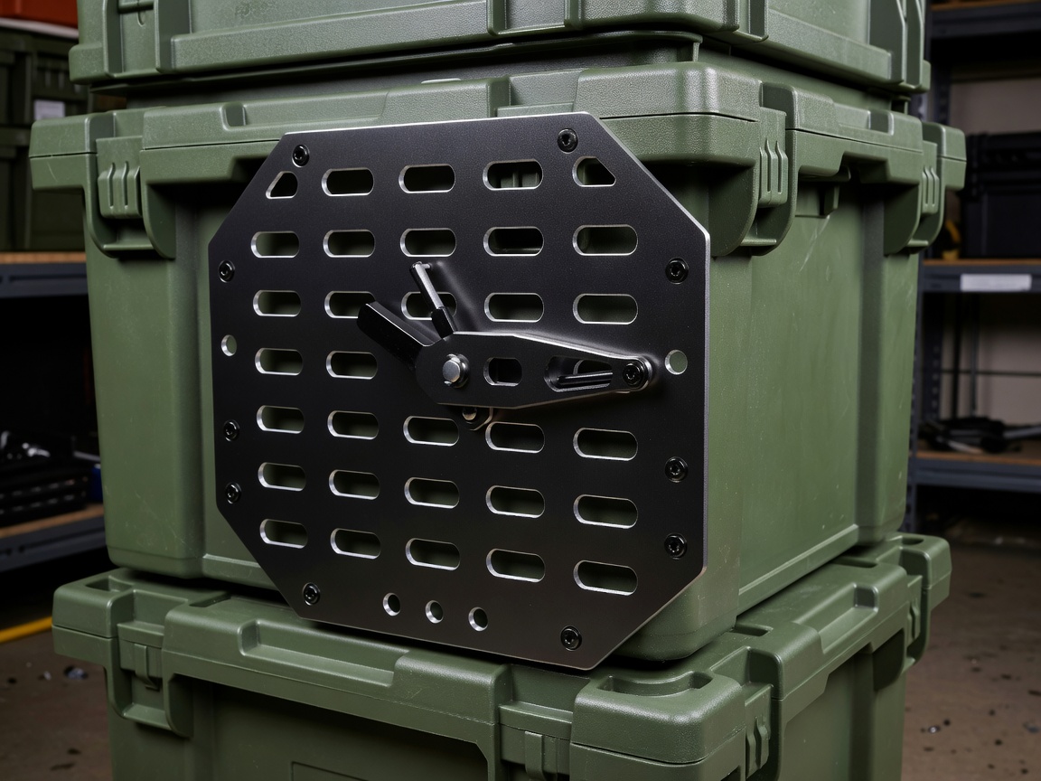 Heavy-gauge black laser-cut aluminum Molle mount bracket designed to screw to the side of storage stack-boxes.