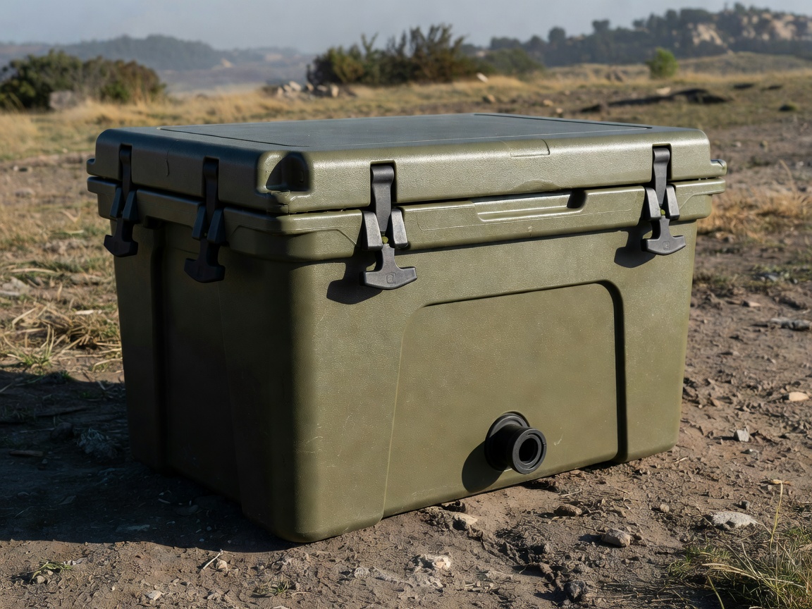 Rotomolded tactical cooler box with dense polyurethane walls, thick black rubber latches, and deep drainage plug.