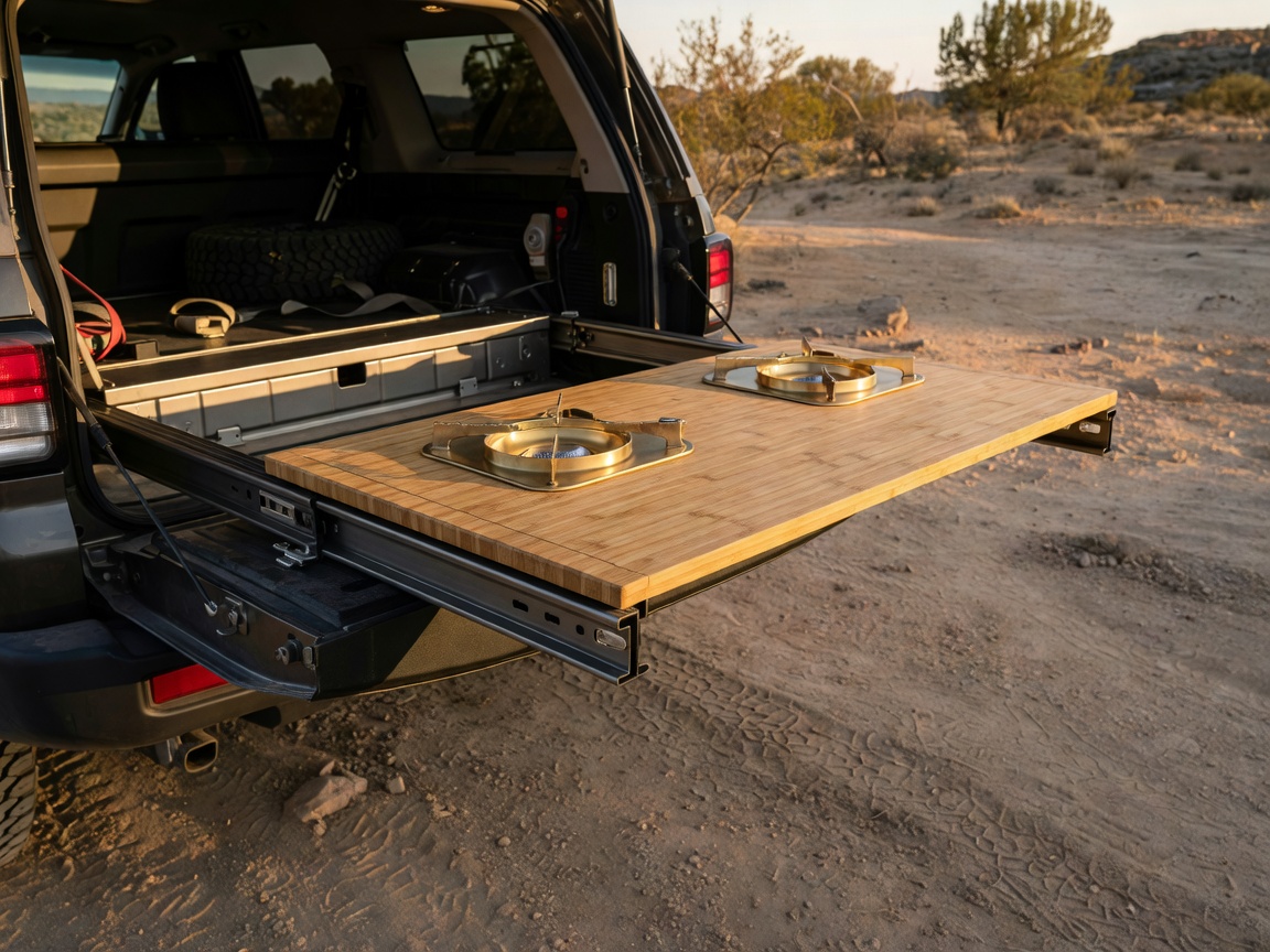 The bestofscoutstacks 4WD Tailgate Scout System showing heavy duty slide rails extended from vehicle cargo space with integrated dual brass burners and solid sustainable bamboo work surface.