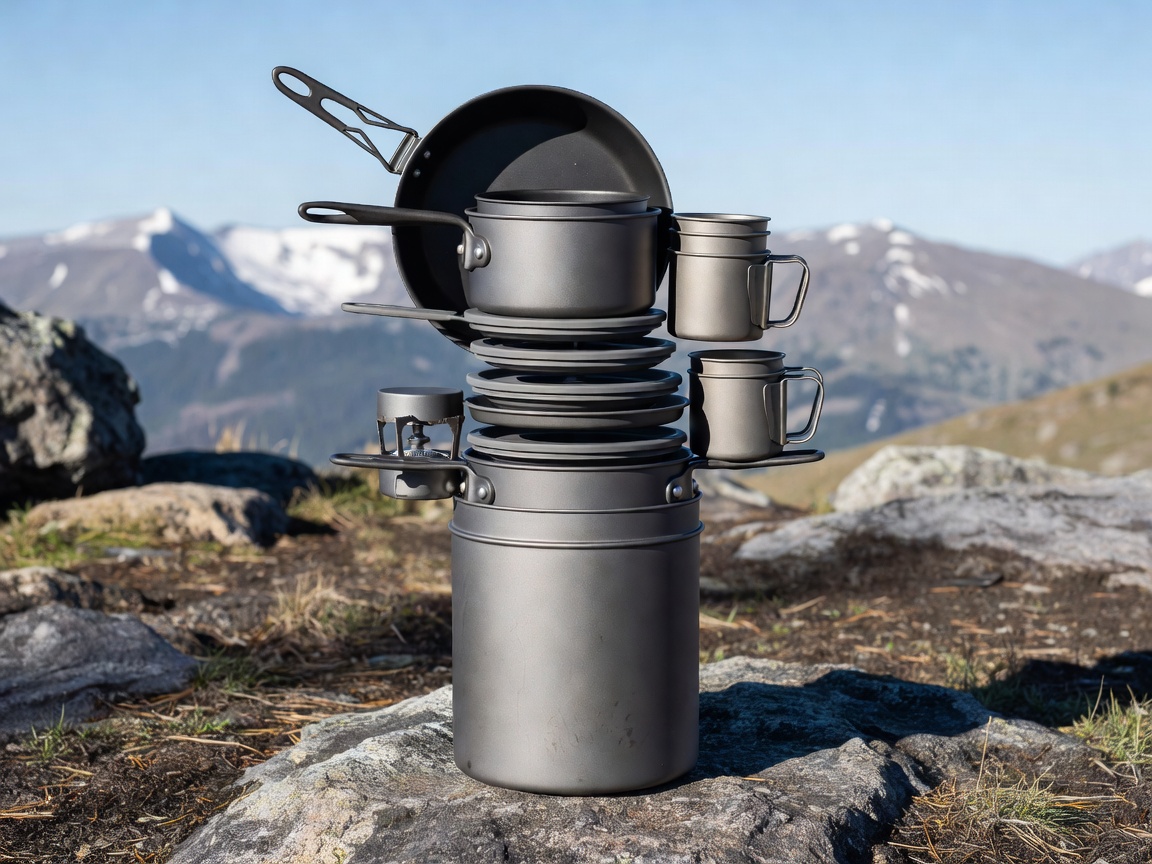 The bestofscoutstacks Backcountry Backpacking Nesting Suite highlighting ten professional-grade hard-anodized cookware components nesting seamlessly inside a compact vertical container footprint.