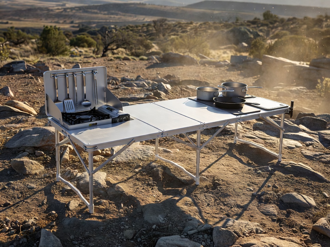 The bestofscoutstacks Basecamp Master Chef Station showcasing a spacious dual-wing collapsible heavy aluminum camping table structure standing on rugged outdoor terrain.